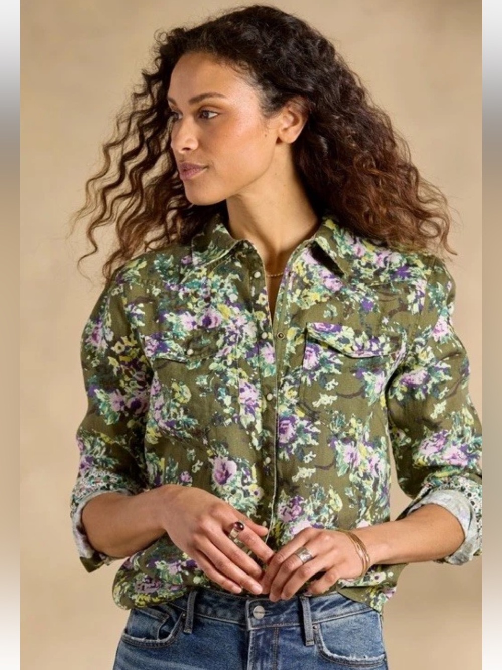 Sundance Willow 100% Linen Olive Green Floral Western Snap Shirt Blouse Large L